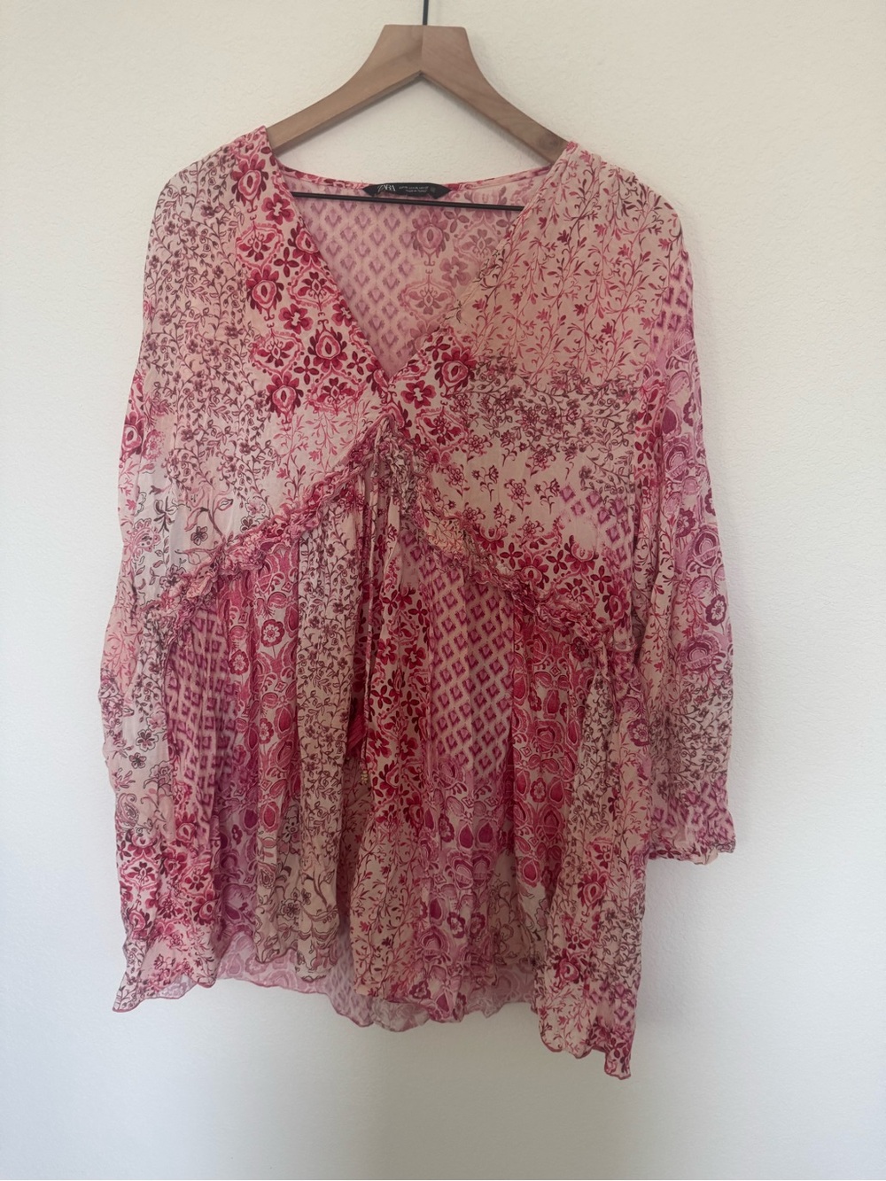 Zara Sheer Pink Floral Boho V-Neck Tunic Top